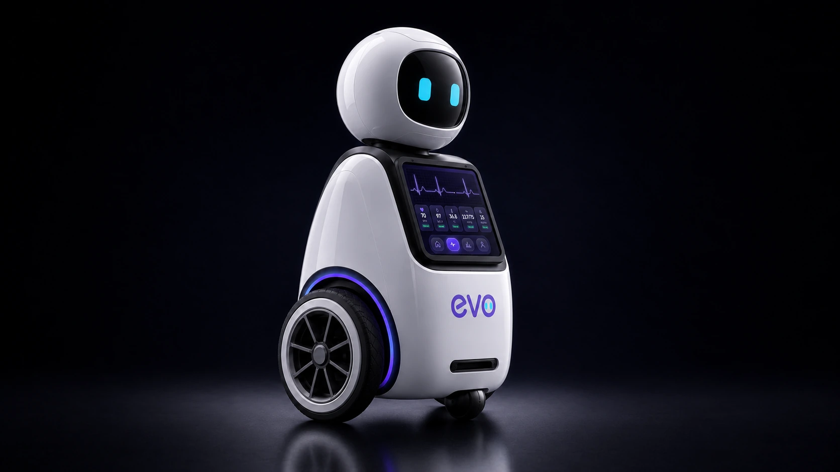 Evo, robot doméstico blanco con pantalla de signos vitales y ruedas